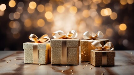 Aufkleber - Ultra-realistic depiction of elegant white and gold Christmas presents arranged artfully on an empty table, surrounded by mesmerizing blurred bokeh lights. Shimmering holiday ambiance, refined gifting