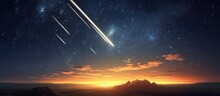 Beautiful Meteor Shower In The Dark Sky At Night Background, Shiny Of Shooting Star From Space, Landscape