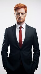 Poster - red-haired guy in a suit on a white background dynamic pose Generative AI