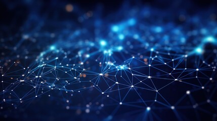 Poster - Artistic representation of glowing network connections with a deep blue tone and depth of field effect.