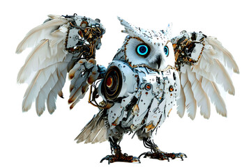 Poster - Conceptual image of a cybernetically enhanced owl with robotic wings and technological augmentations, against a plain white background Generative AI