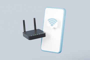 Poster - 3D Wireless Router mobile phone with Wi-fi symbol or Simple internet wi-fi router with antennas icon. Wi-Fi hotspot zone. The concept of a Wireless Modem for 4G or 5G. minimal cartoon.3D Rendering.