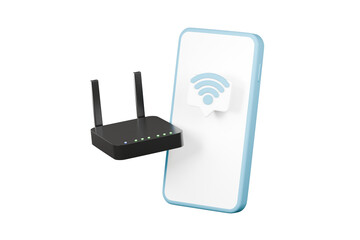 Poster - 3D Wireless Router mobile phone with Wi-fi symbol or Simple internet wi-fi router with antennas icon. Wi-Fi hotspot zone. The concept of a Wireless Modem for 4G or 5G. minimal cartoon.3D Rendering.