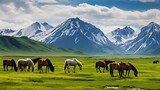 Vibrant Meadow Harmony: Colorful Horses Grazing with Mountain Backdrop - A Serene Equine Tapestry in Nature's Paintbrush