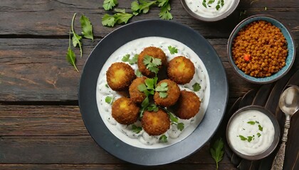 Wall Mural - Crispy fried mozzarella cheese balls, arugula salad and sesame seeds on wooden background