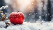 A red apple in a snowy backdrop with a big copy space, Generative AI.