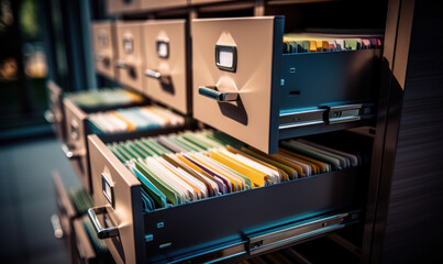 Poster - Close-up View of Open File Cabinet Drawers Filled with Labeled Documents, Depicting Organization, Storage, and Information Management