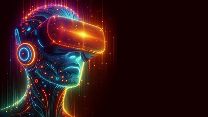 Fantasy illustration of headshot of cyborg character of glowing neon colors dots in virtual reality headset on dark background