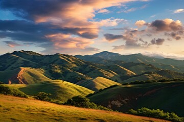 Green valley with small hills and mountains