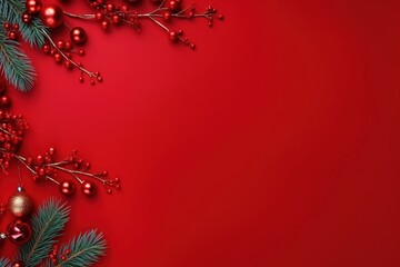 Wall Mural - red and gold christmas ornaments and pine branches on red background