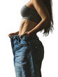 © Jan - A woman fitting into oversized jeans, showing weight loss. Transparent background.