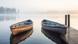 two canoes tethered to a wooden dock, their calm reflections in the water set against a pristine white background, capturing the essence of lakeside serenity.