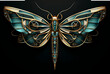 art deco style butterfly, adorned with intricate geometric designs and a harmonious blend of teal and gold hues
