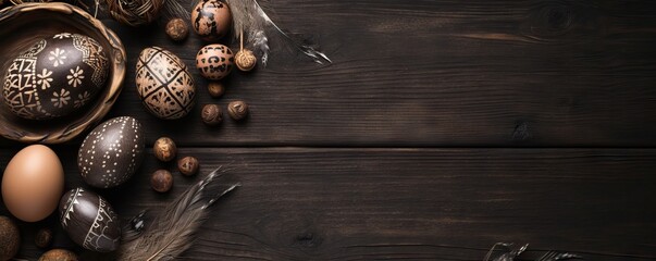 Wall Mural - Frame with easter eggs and feathers on dark wooden background. Happy Easter concept. Simple spring template, greeting card, banner. Top view, flat lay with copy space