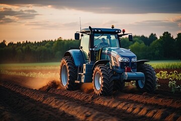 Aufkleber - tractor on a country road in a village against the backdrop of a house and sunset. Illustration for cover, interior design. AI generativ.