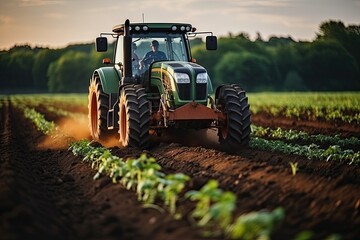 Aufkleber - tractor on a country road in a village against the backdrop of a house and sunset. Illustration for cover, interior design. AI generativ.