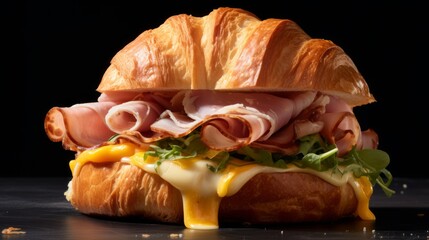 Poster - A delicious ham and cheese croissant sandwich captured in a close-up realistic photo against a white background Generative AI