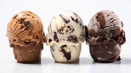 Poster - A trio of rocky road ice cream scoops captured in a close-up realistic photo against a white background Generative AI