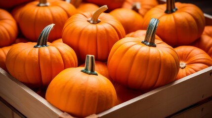 Poster - Box filled with bright orange pumpkins, close-up realistic photo Generative AI