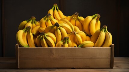 Poster - Box filled with golden-hued bananas, close-up realistic photo Generative AI