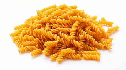 Poster - Close-up realistic photo featuring a small heap of fusilli lunghi pasta on a white background Generative AI