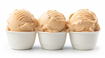 Poster - Close-up realistic photo featuring three scoops of creamy peanut butter ice cream on a white background Generative AI