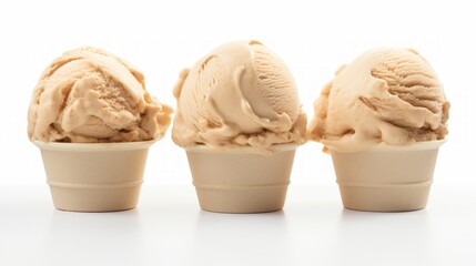 Poster - Close-up realistic photo featuring three scoops of creamy peanut butter ice cream on a white background Generative AI
