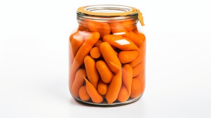 Poster - Glass jar filled with freshly harvested carrots, close-up realistic photo against a white background Generative AI