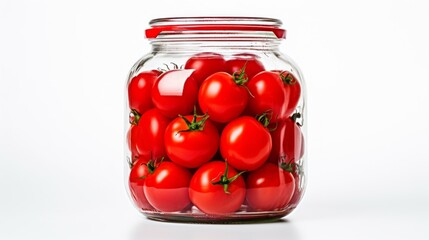 Poster - Glass jar filled with vibrant red tomatoes, close-up realistic photo on a white background Generative AI