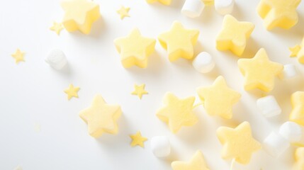 Poster - Marshmallows in sunny yellow, star-shaped, scattered on a white background, warm and inviting lighting, playful and cheerful mood Generative AI