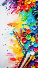 Poster - Stock image of a collection of vibrant art supplies on a white background, creativity and inspiration Generative AI