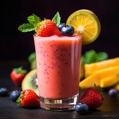 Poster - Stock image of a colorful fruit smoothie in a glass with fresh fruit garnish, a healthy and refreshing drink Generative AI