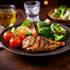 Aufkleber - Stock image of a plate of grilled chicken with a side of steamed vegetables, a balanced and healthy meal Generative AI