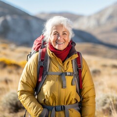 Poster - Stock image of a senior woman hiking in the mountains, adventurous and active lifestyle Generative AI