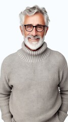 Poster - Stock image of an elderly man in a cozy sweater on a white backdrop Generative AI