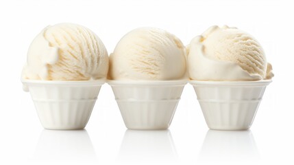 Poster - Three scoops of classic vanilla ice cream in a close-up realistic photo against a white background Generative AI