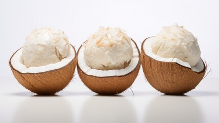 Poster - Three scoops of tropical coconut ice cream showcased in a close-up realistic photo against a white background Generative AI