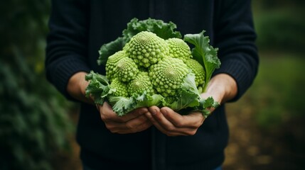 Poster - close-up of male hands holding romanesco cabbage, harvesting in the garden Generative AI