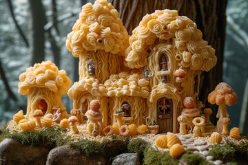 Poster - An image of a noodle fairy tale scene, with characters and settings made from pasta.