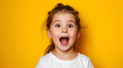 Portrait of a happy, excited open-mouth girl isolated on a yellow color background.