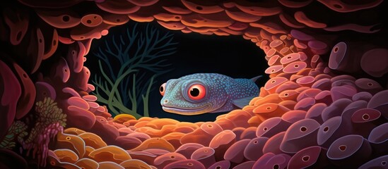 Wall Mural - Eel peeks through coral reef hole.