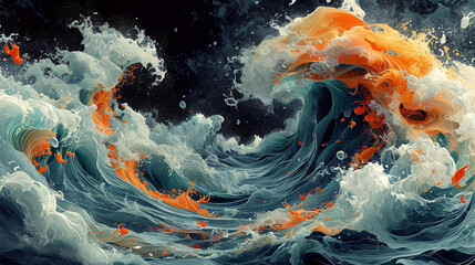 Poster - an illustration of a pasta whirlpool with small seafood pieces, like shrimp and clams, caught in the