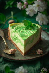 Poster - An illustration of a slice of pistachio swirled cheesecake, with a rich and creamy texture.
