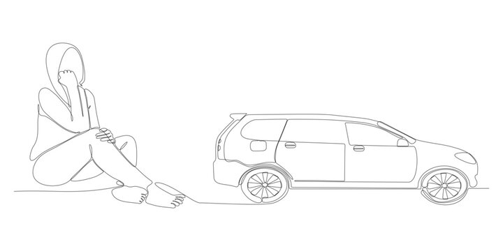 continuous line of sad woman wanting to buy a car