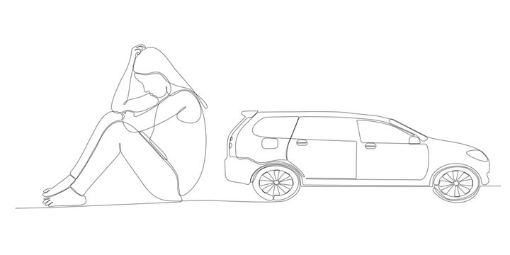continuous line of sad woman wanting to buy a car