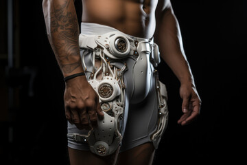 Poster - a person utilizing advanced exoskeleton technology for enhanced strength and mobility. concept of bi