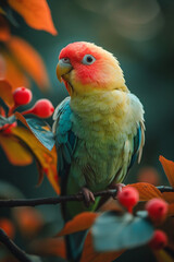 Wall Mural - A portrayal of a contented pastel-colored parrot, perched on a branch.