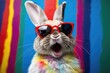 © Simon - Cool Easter bunny with sunglasses on colorful background.