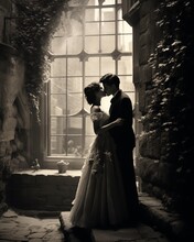 Black And White Couple Standing By Castle Window