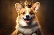 portrait of a cute happy corgi dog wearing a golden royal crown